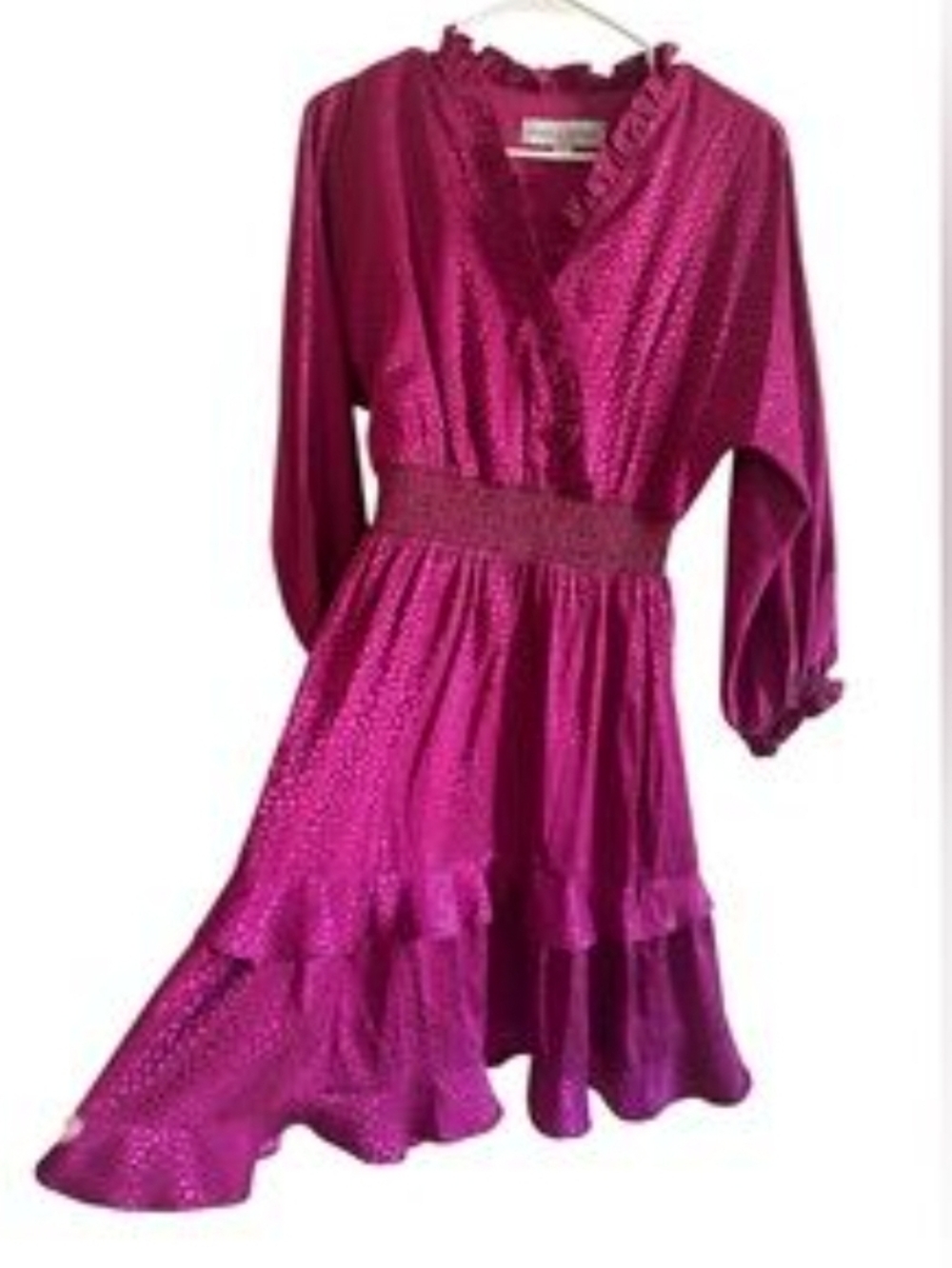 Emma & Michele Magenta Ruffled V-Neck Long Sleeve Dress